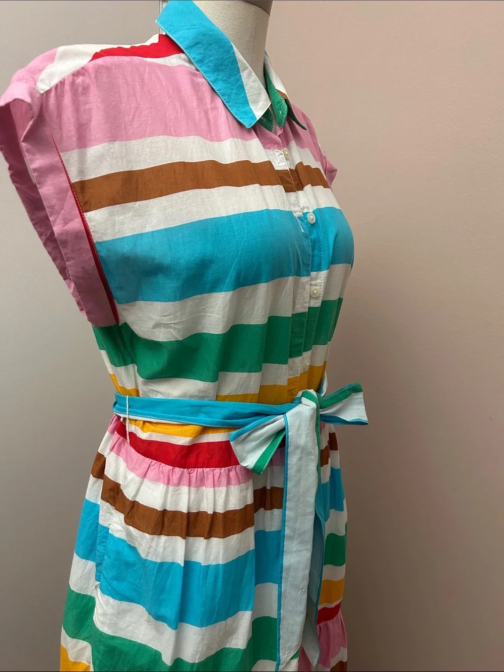 Cotton Colorful Striped Button-Up Tie-Waist Maxi Dress size 8